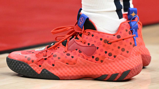 Philadelphia 76ers guard James Harden wearing the Adidas Harden Vol. 6.